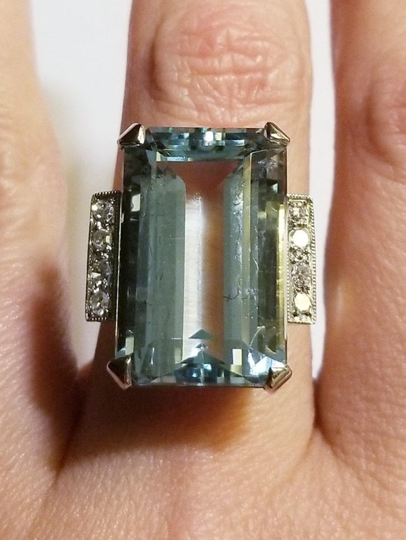 Antique Art Deco 14K White Gold HUGE Aquamarine a… - image 5