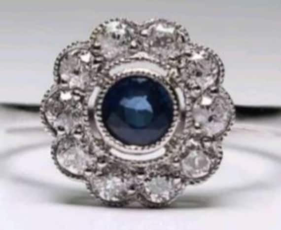 ま*）様 サファイアとダイヤのお花ヴィンテージリング イギリスヴィンテージジュエリー 18K ダイヤモンド×サファイア