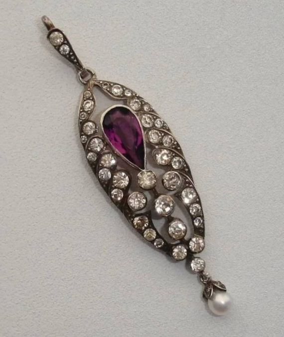 Georgian Amethyst and Diamond Paste Silver Pendan… - image 7