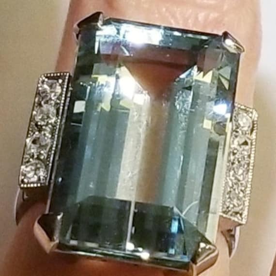 Antique Art Deco 14K White Gold HUGE Aquamarine a… - image 4