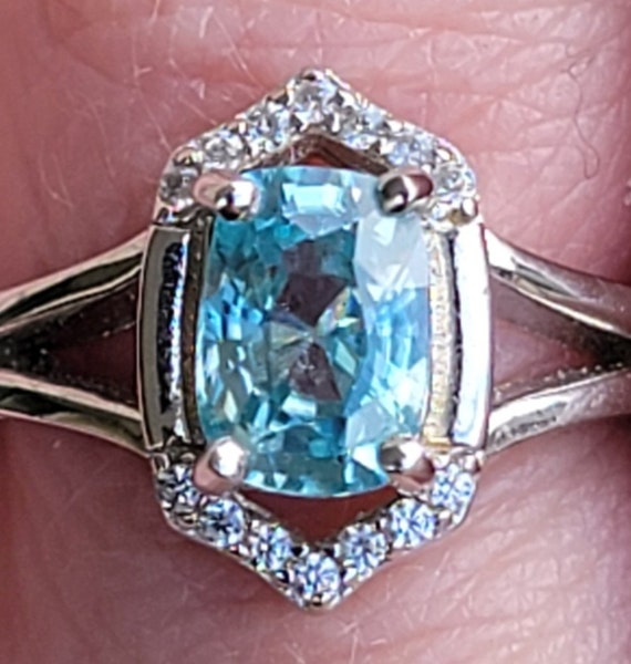 Antique Elongated Cushion Cut Blue Zircon Ring.