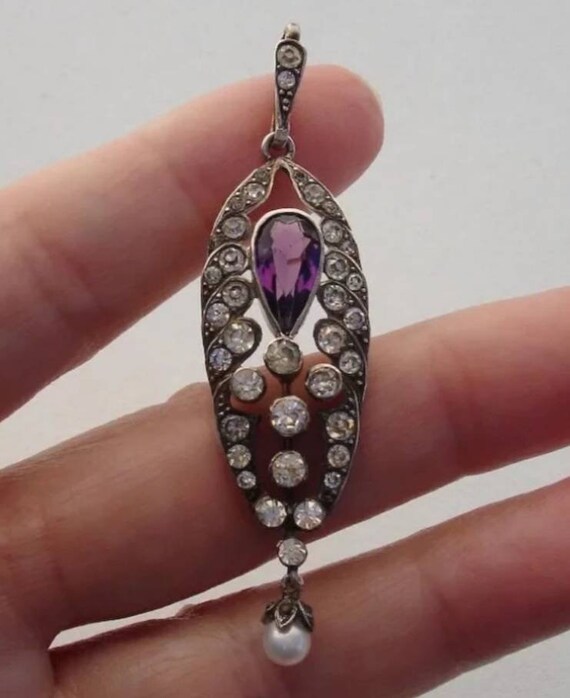 Georgian Amethyst and Diamond Paste Silver Pendan… - image 4