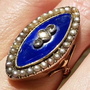 Georgian Blue Enamel and Rose Cut Diamond and Pearl Gold Ring. Stunning. Rare.