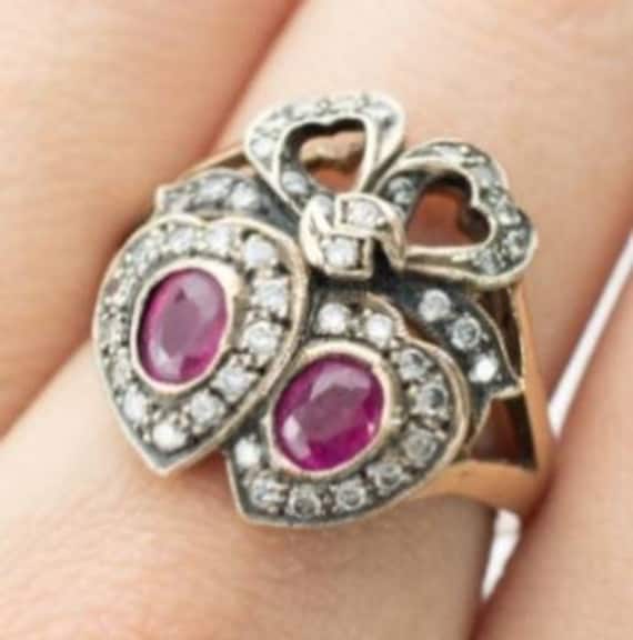 Beautiful Crowned Heart Double Ruby and Diamond R… - image 1