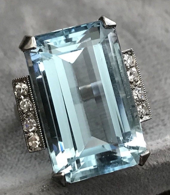 Antique Art Deco 14K White Gold HUGE Aquamarine a… - image 7