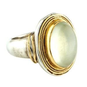 Gorgeous Antique One of a Kind Moonstone Statement Ring. Set with Sterling Silver and 22k Yellow Gold. Size 5.75. Sizable.