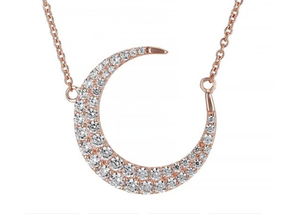 Crescent Simulated Diamond Necklace, 14k Rose Gol… - image 1