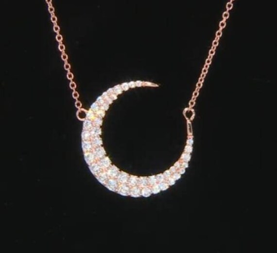 Crescent Simulated Diamond Necklace, 14k Rose Gol… - image 6