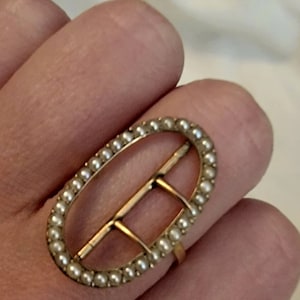 Early Victorian Buckle Ring set in 15kt gold with seed pearls. Lovely!
