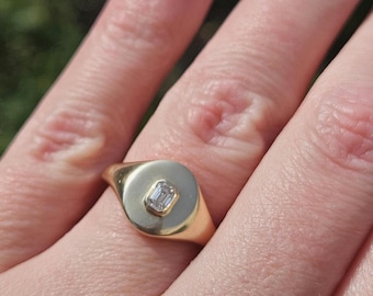 Vintage Emerald Cut Diamond Signet Ring, 14k Yellow Gold, Size 6