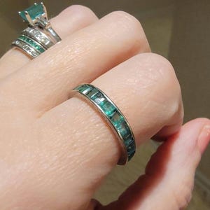 Vintage Emerald Eternity Band, Platinum Stackable Ring (Size 6 3/4)