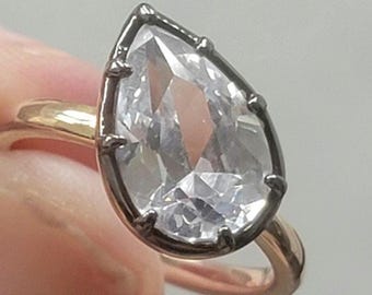 Gorgeous Tilted Pear Shaped Georgian Victorian Revival Ring. Black Rhodium. 2.50 ctw. Gold Over. Size 6.