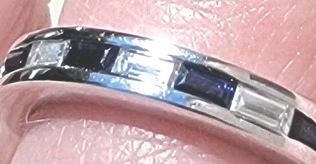 Antique Beautiful Baguette Diamond and Sapphire Band Ring. 14kt White Gold.