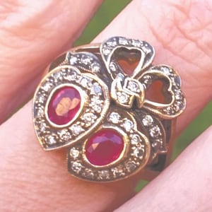 Beautiful Crowned Heart Double Ruby and Diamond Ring. Gold and silver topped. Size 5.75-6. Sizable.