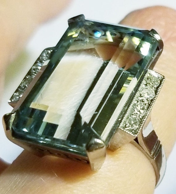 Antique Art Deco 14K White Gold HUGE Aquamarine a… - image 6