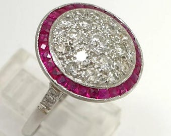 Art Deco Diamond & Ruby Target Ring, Platinum Size 7