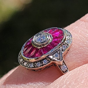 Stunning French Antique Ruby and Diamond Dinner Ring. 18k Yellow Gold and Platinum. Size 6.5. Sizable.