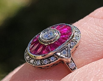 Stunning French Antique Ruby and Diamond Dinner Ring. 18k Yellow Gold and Platinum. Size 6.5. Sizable.