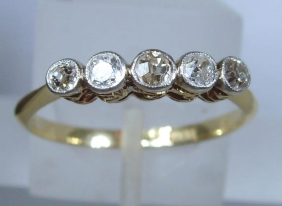 Antique Diamond Band, Five Stone 18k Gold Platinum Edwardian Ring