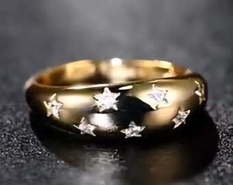 Vintage Gold Filled Slim Bombe Ring, Scattered Burnished Stones Star Accents.