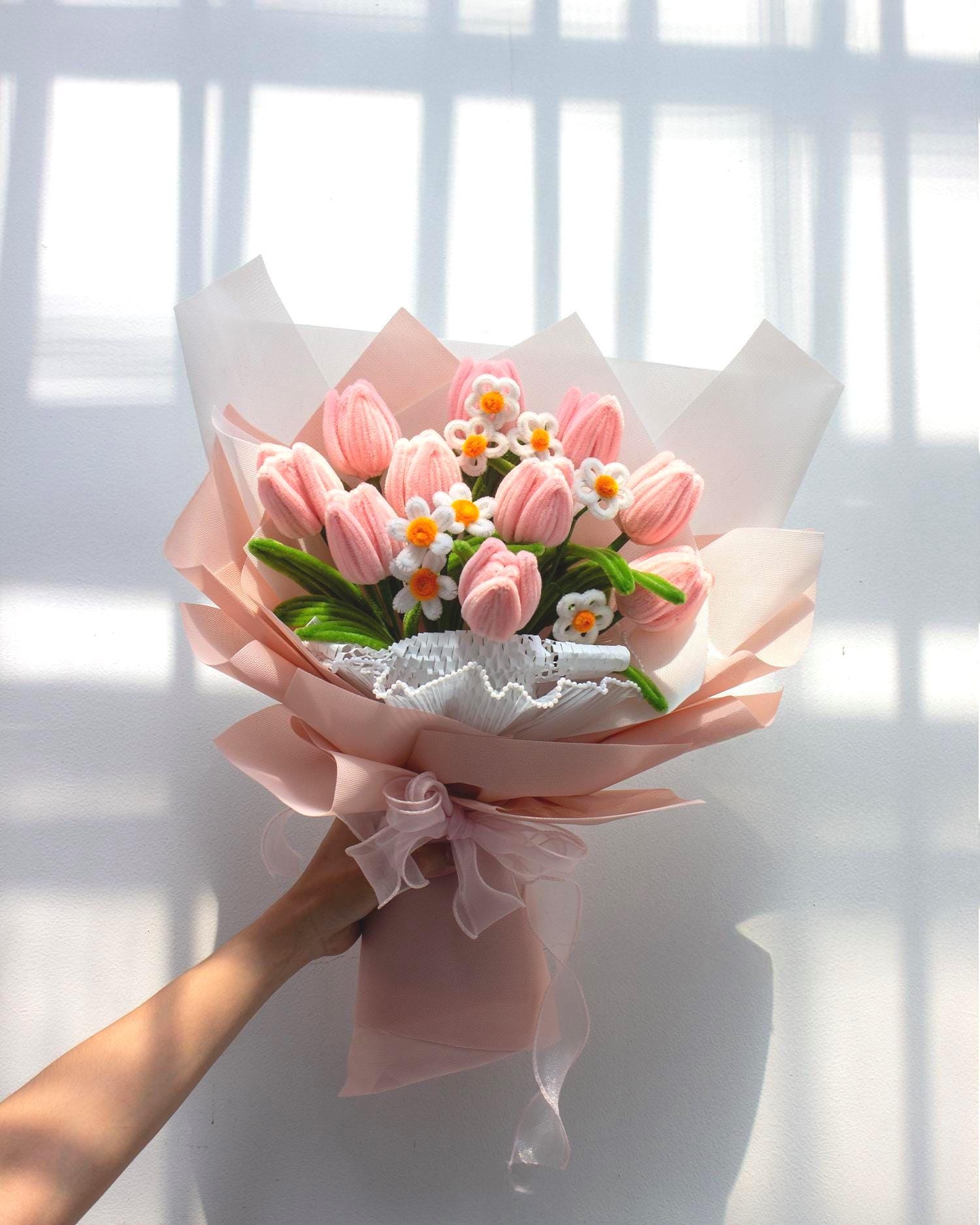 Handmade Pink Tulips Bouquet, Personalized Gift for Mother's Day