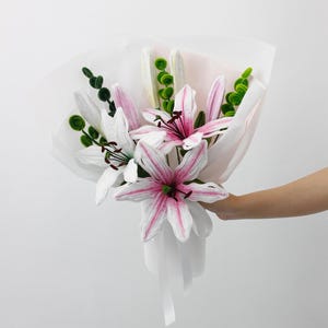 Pink White Lily Pipe Cleaner Flowers, Pink Delight Handmade Bouquet Arrangement, Everlasting Blooms