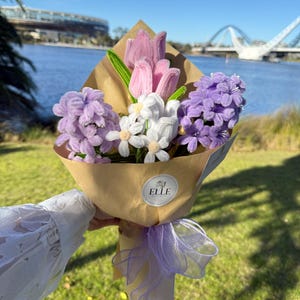 Purple & Pink Pipe Cleaner Flowers, Personalized Message Gift Card, Violet Grace Bouquet Arrangement, Long-Lasting Flowers