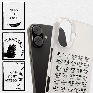 May include: A white phone case with a black design featuring Japanese characters and their phonetic pronunciations. The case is made for a phone with a dual camera lens.