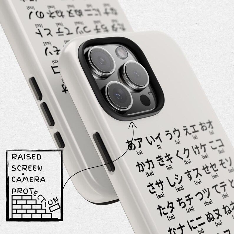 May include: White iPhone case with a raised edge for screen and camera protection. The case has Japanese text printed on the back. The text reads: "a ai u e o ka ki ku ke ko sa shi su se so ta chi tsu te to na ni nu ne no"