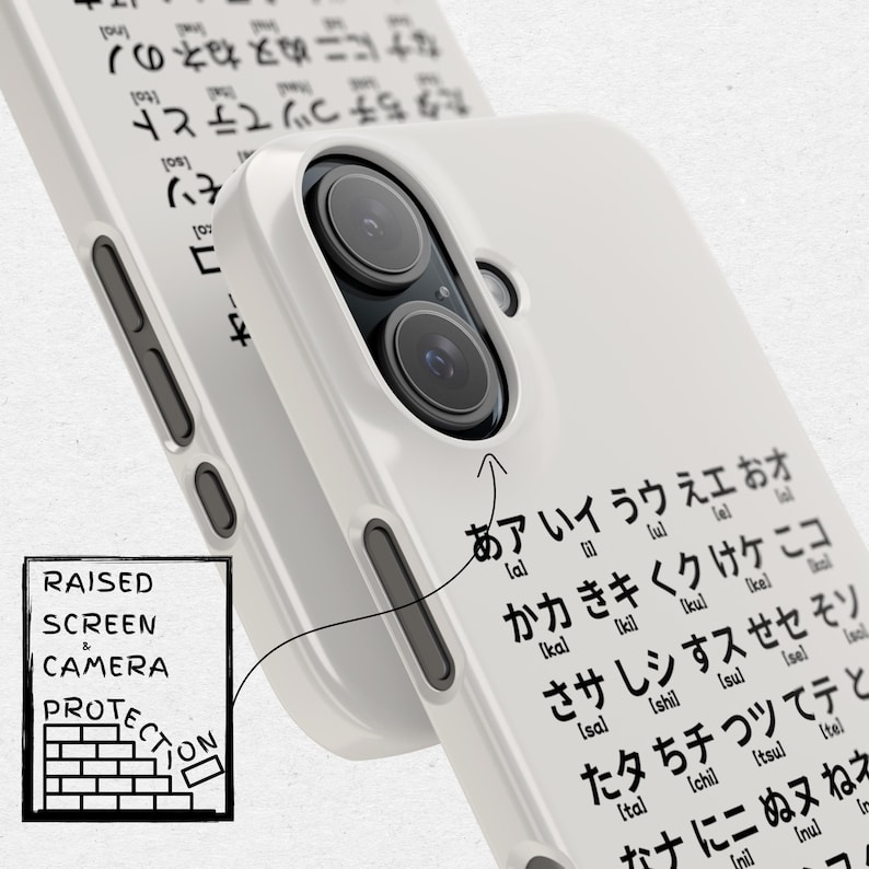 May include: A white phone case with a raised edge for screen and camera protection. The case has Japanese characters written on the back, including "aaiueo" and "kakikukeko".