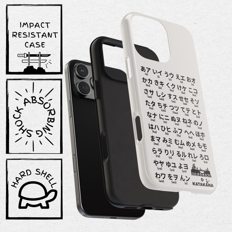 May include: White phone case with a black border and a Japanese alphabet chart printed on the back. The chart includes the hiragana and katakana alphabets. The case is designed to protect the phone from impact and shock.