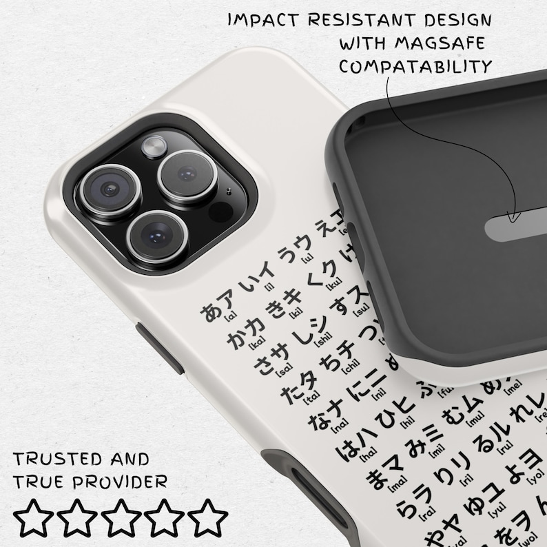 May include: White iPhone case with a black border and a pattern of Japanese characters. The case is compatible with MagSafe and has an impact-resistant design.