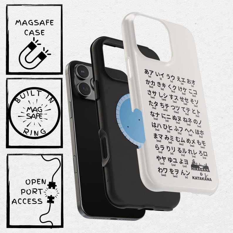 May include: A white phone case with a black outline and a blue circle in the center. The case has Japanese text on it, including the words "Hiragana" and "Katakana".