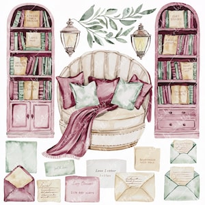 Paquete de imágenes prediseñadas de acuarela: estanterías antiguas, sillas, cartas y sobres de Cozy Library