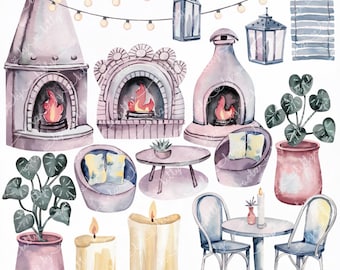 Puede incluir: Ilustración de acuarela de una escena de patio con tres chimeneas, dos plantas en macetas, dos sillas, una mesa y velas. Las chimeneas son rosas y tienen un diseño de ladrillo blanco. Las plantas son verdes y tienen hojas grandes. Las sillas son azules y tienen un cojín blanco. La mesa es marrón y tiene una tapa blanca. Las velas son amarillas y tienen una base blanca.