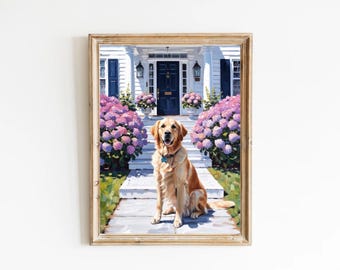 Coastal Golden Retriever Digital Print, hydrangeas, hamptons, nantucket, marthas vineyard, coastal grandma, coastal granddaughter, vintage