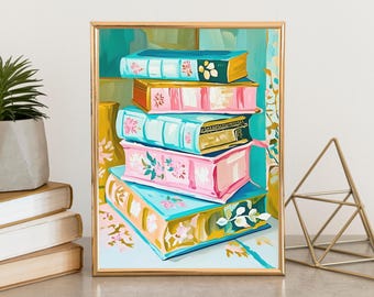 Stack of Books Digital Print, pastel, bookworm, book lover, colorful, floral, cute, trending, books, reading, reader, library, reading nook