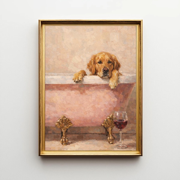 Golden Retriever and Red Wine digital print, bath tub, trendy art, dogs