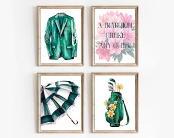 Juego de golf de 4 impresiones digitales, fiesta de golf, blazer verde, bolsa de golf, azaleas, paraguas verde y blanco, torneo de golf, Augusta, Georgia