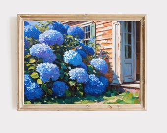 Hydrangeas Cottage Digital Print, coastal grandma, east coast, hamptons, paint, nantucket, summer, coastal granddaughter, romantic home, art