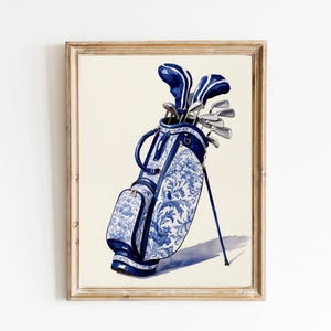 Blau-weiße Toile Golf Bag Digitaldruck, Küstengroßmutter, Golf, Golfkurs, Golfclubs, Chinoiserien, Golfmädchen, adrett, Landhaus