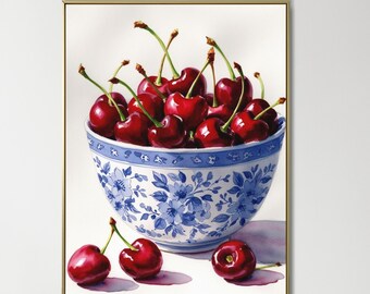 Blue and White Toile Bowl of Cherries Digital Print, chinoiserie, coastal grandma, elegant, cute, trending, fruit, kitchen
