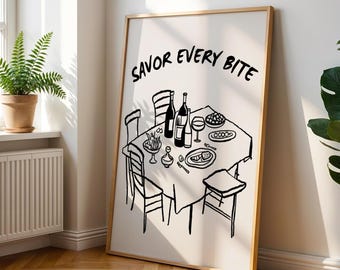 Dinner Table Line Art Print: Modern Kitchen Food Quote (Digital Download)