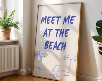 Meet Me at the Beach Print, Blue Coastal Art (Digital Download)