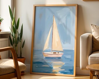 Nautical Wall Art Sailboat Oil Painting Coastal Beach Decor Cottagecore Summer Art Print Digital Download