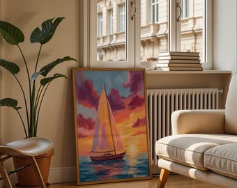 Sailboat Sunset Oil Painting: Ocean Boat Art Print Nautical Beach House Decor (Digital Download)