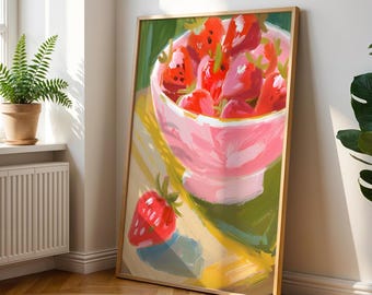 Strawberry Oil Painting: Summer Kitchen Fruit Bowl Art (Digital Download)