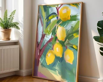Lemon Oil Painting Art Print, Mediterranean Kitchen Decor (Digital Download)