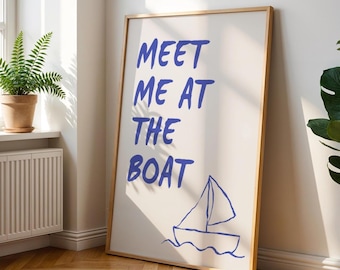 Meet Me at the Boat Print, Blue Coastal Art (Digital Download)