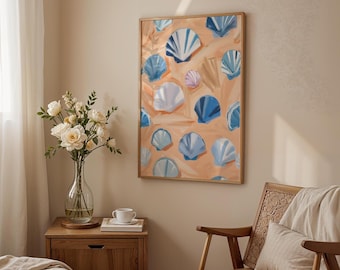 Stampa con conchiglie blu: decorazioni per casa al mare (download digitale)